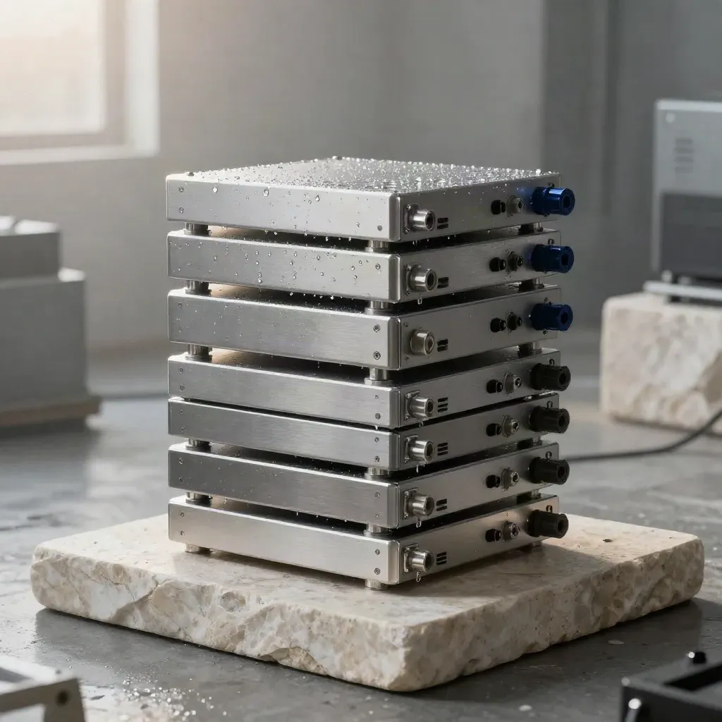 Matte aluminum prototype modules stacked on pale stone in misty dawn light.