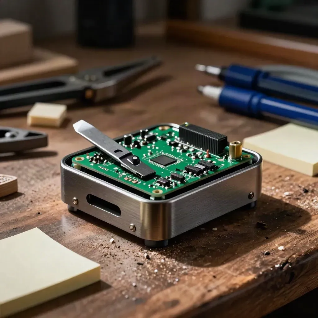Prototype enclosure, PCB, utility knife and sticky markers on a walnut bench, shot from below.