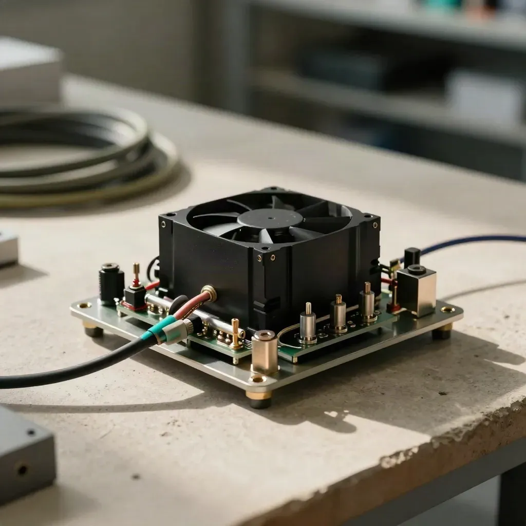 Macro still life of a small AI test rig with sensor module, fan, and aluminum standoffs on pale stone.